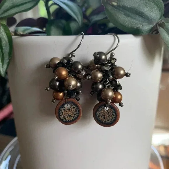 Handmade Freshwater Pearl Earrings, Swarovski Crystals, Millefiori Mosaic Design - Picture 4 of 5